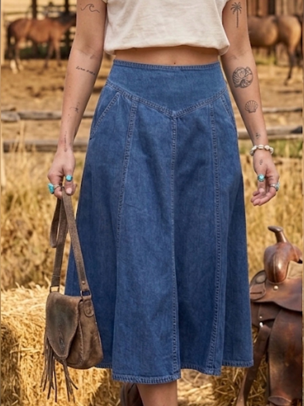 VTG NWT Koret Denim Midi Skirt – 90s Western Yoke Made in USA